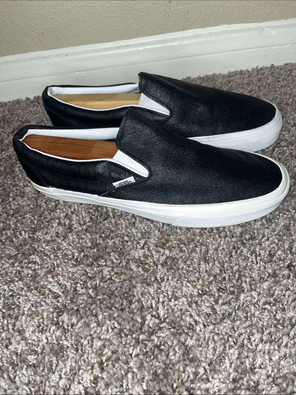 Vans Black & White Slip-On Leather-Texture Men’s Loafers